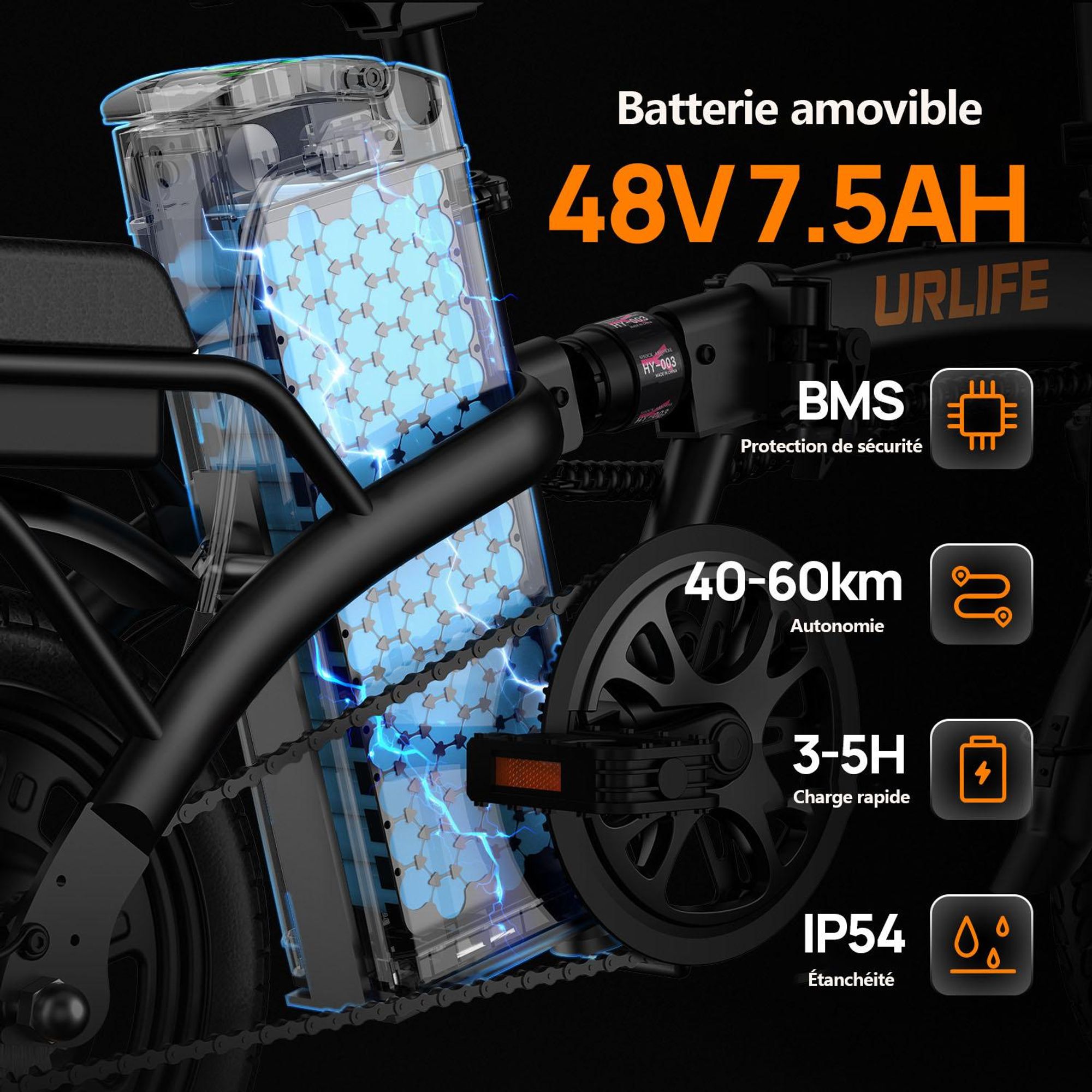 Vélo électrique URLIFE F1L - Moteur 250W Batterie 48V 7.5Ah Pneus De 14 Pouces  Freins à Disque - Noir