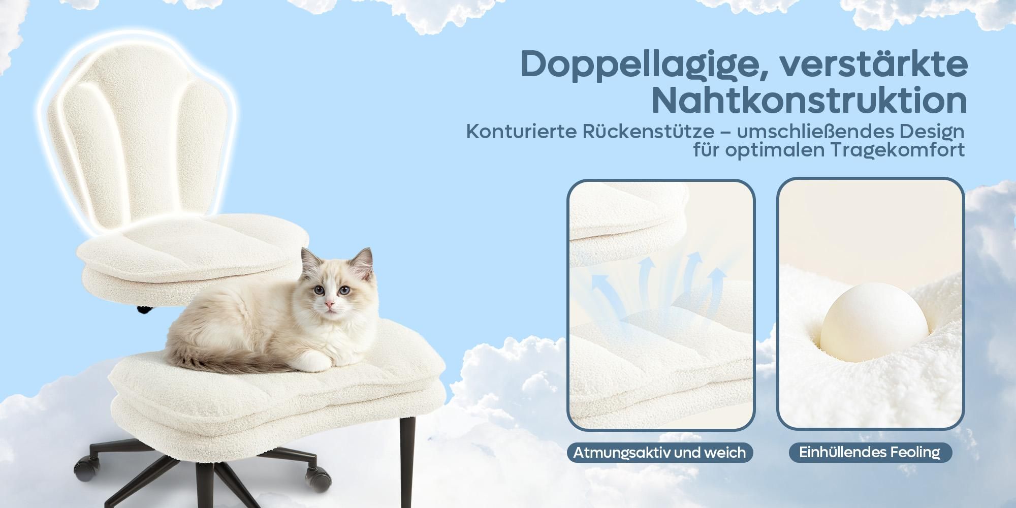 Bürostuhl Ergonomisch, Meditationsstuhl ergonomisch mit Rädern & Lordosenstütze, ADHS-Stuhl, Schreibtischstuhl Computerstuhl Chefsessel, Weiß