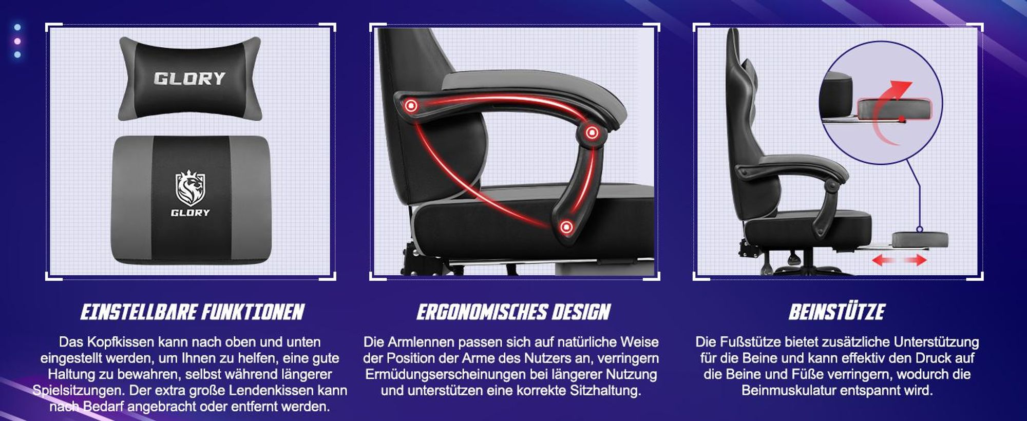 Aiibot Gaming Stuhl Bürostuhl Schreibtischstuhl Ergonomischer Gaming Sessel mit Fußstütze und Lordosenstütze, Wippfunktion90°-170°, Grau