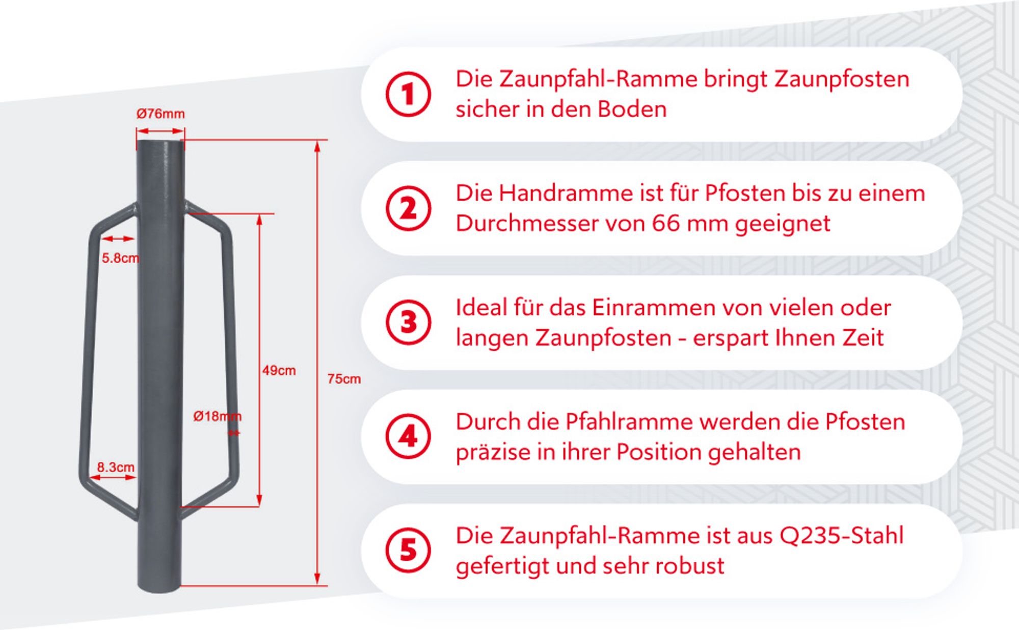 Wiltec Pfahlramme Ø 76 mm Handramme aus Stahl, Pfostenramme mit 2 Handgriffen, Zaunpfahlramme zum Einschlagen von Pfosten beim Zaunbau