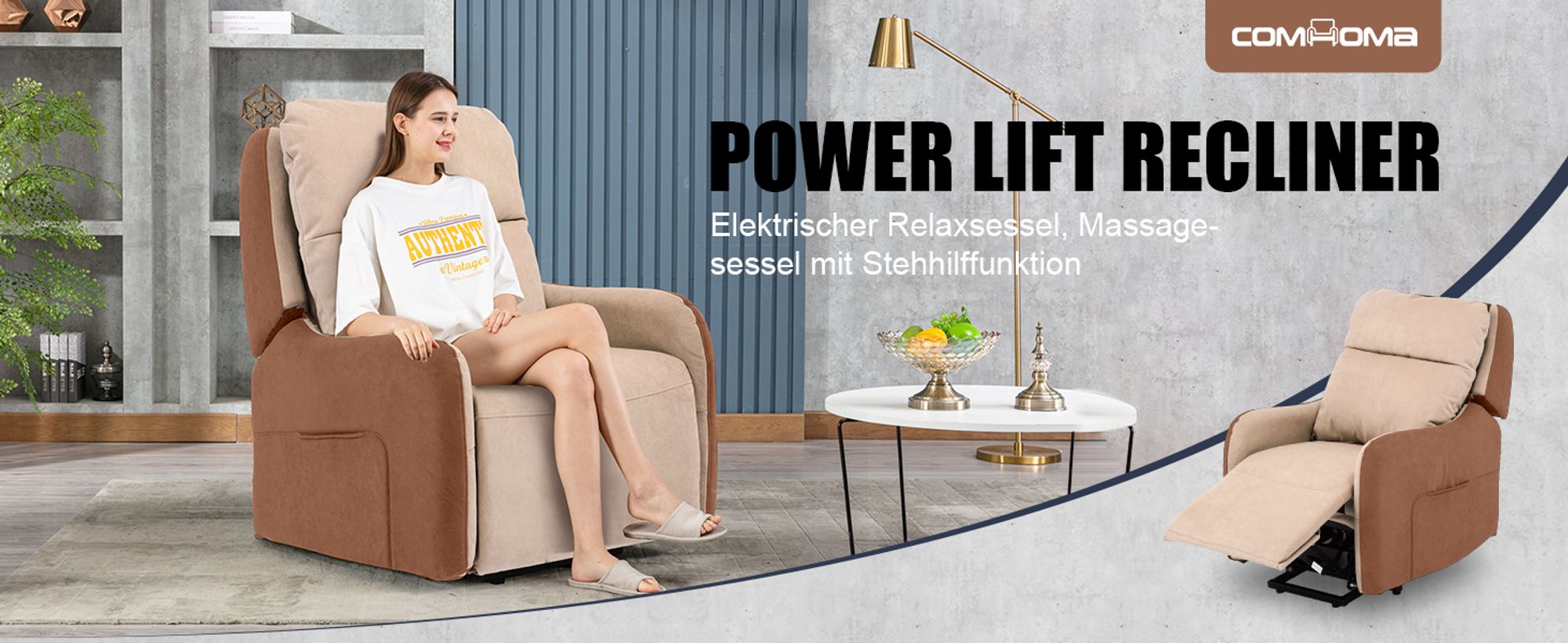 COMHOMA Elektrischer Relaxsessel Massagesessel mit Power Lift, mit SL-Massagefunktion, Ruhesessel Fernsehsessel Fernbedienung mit USB-Anschluss für Se