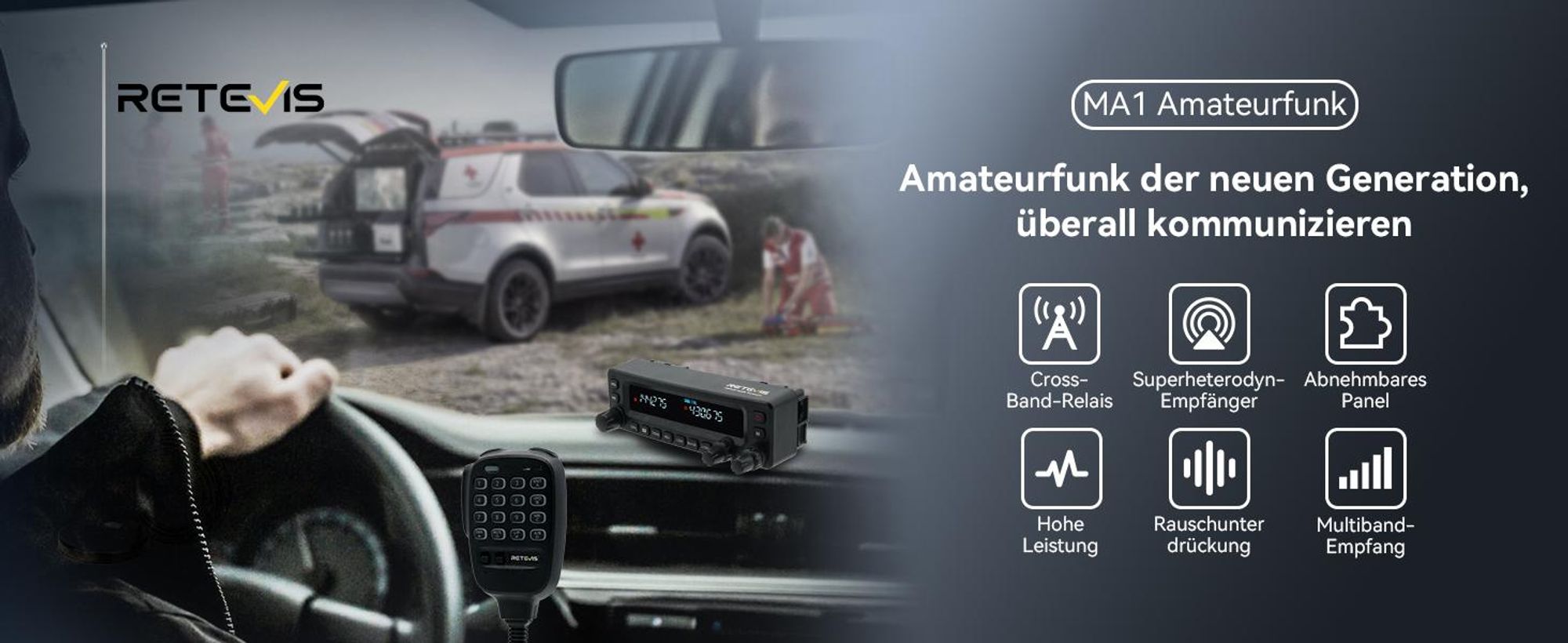 Retevis MA1 Amateurfunk mit Antenne, Mobiler Transceiver mit Abnehmbarem Bedienfeld, Cross Band Repeater, Große Reichweite VFO, Amateurfunk, Home Base