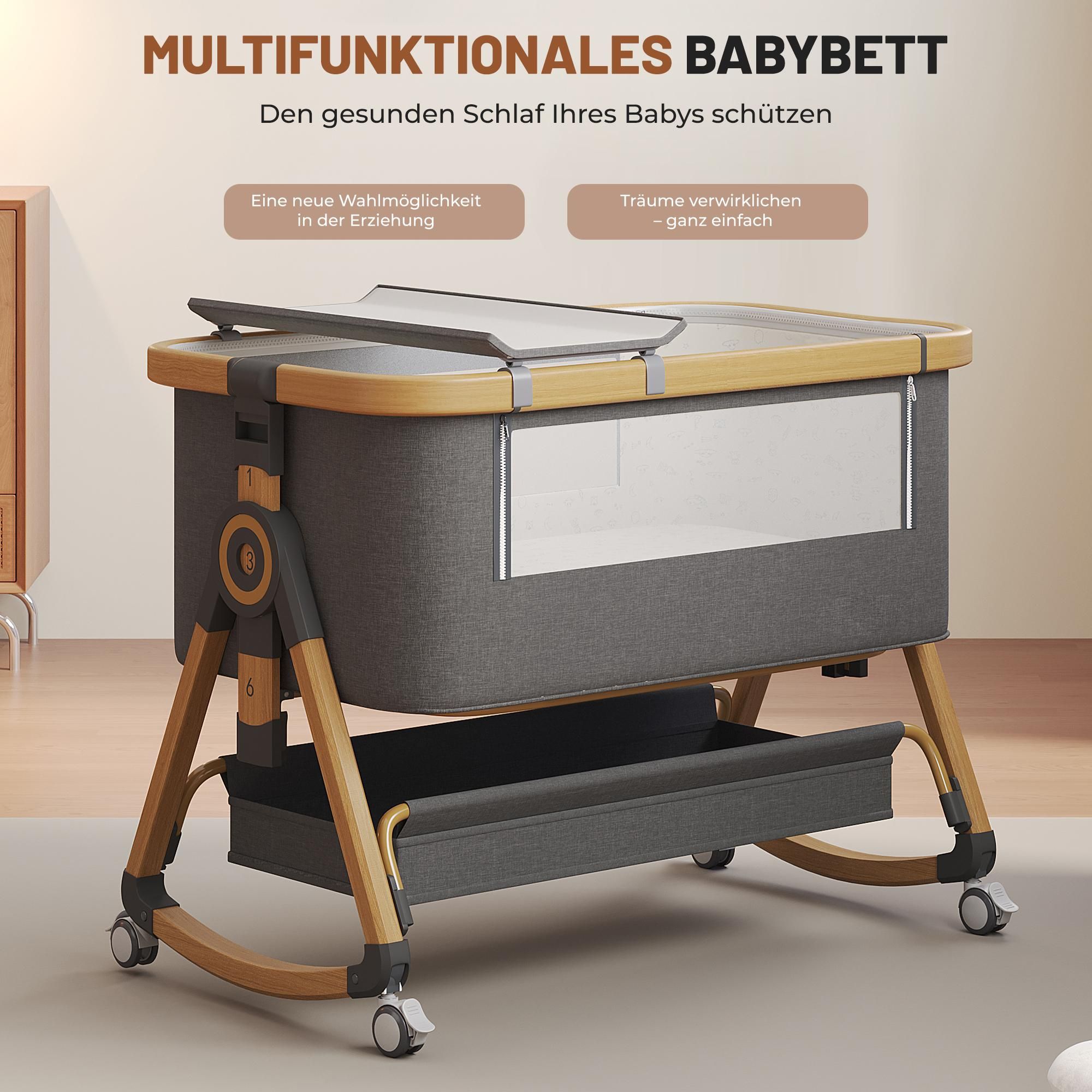 OYAJIA Beistellbett 3 in 1 Beistellbett Stubenwagen Babybett Baby-Reisebett 6-stufige Höhenverstellung, mit Rollen, Matratze und Moskitonetz