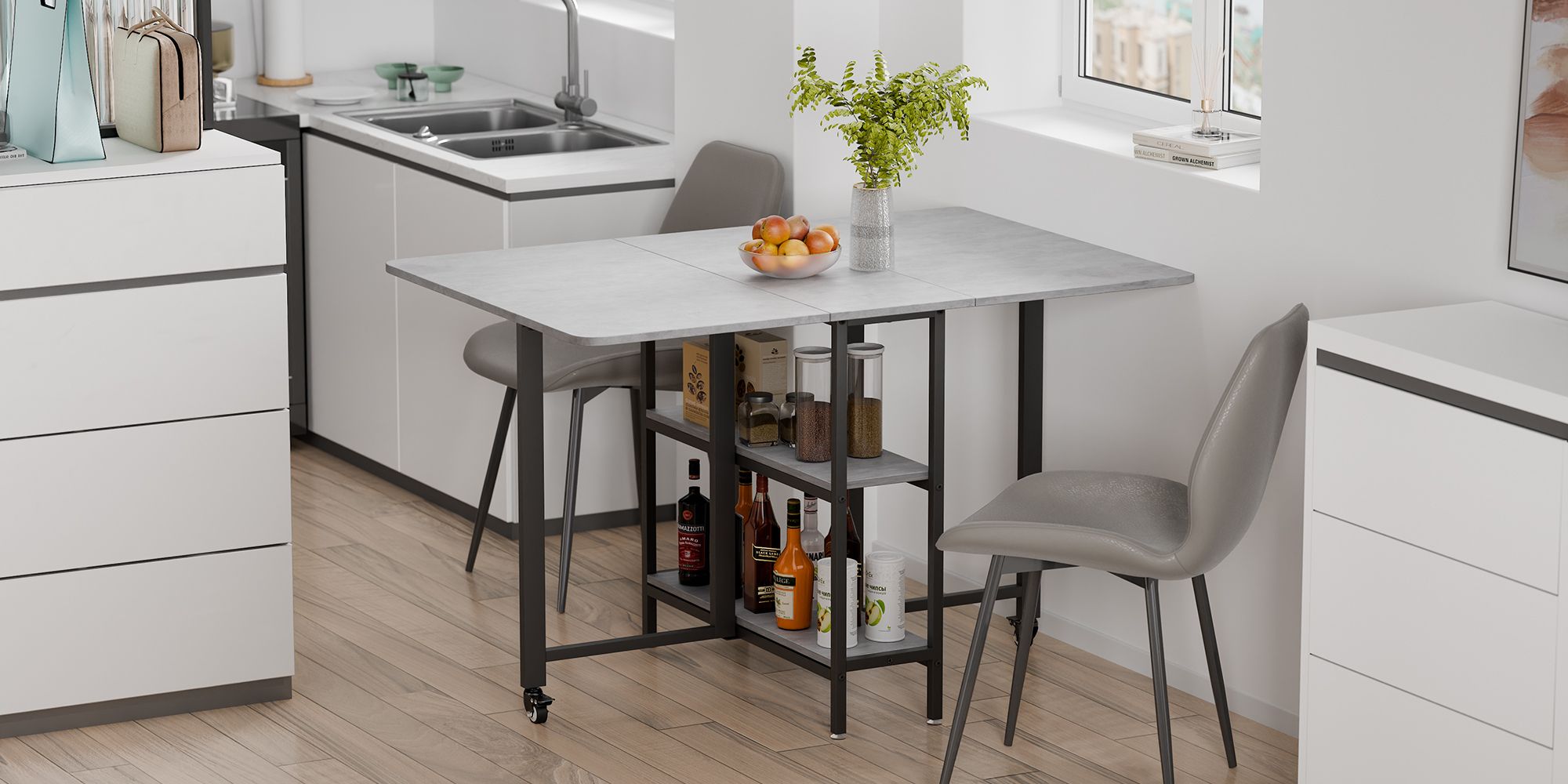Mondeer Klappbarer Esstisch Küchentisch mit 2 Ablagen und Rollen 120 x 80 x 75 cm Grau