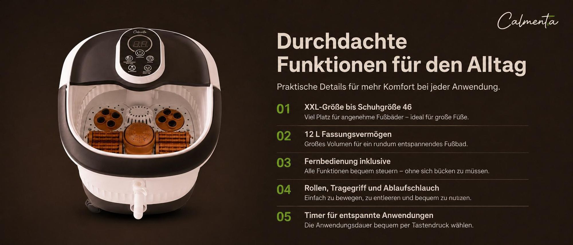 Funktionen: bis Schuhgröße 46, 12 Liter, Fernbedienung, Rollen, Ablaufschlauch, Timer