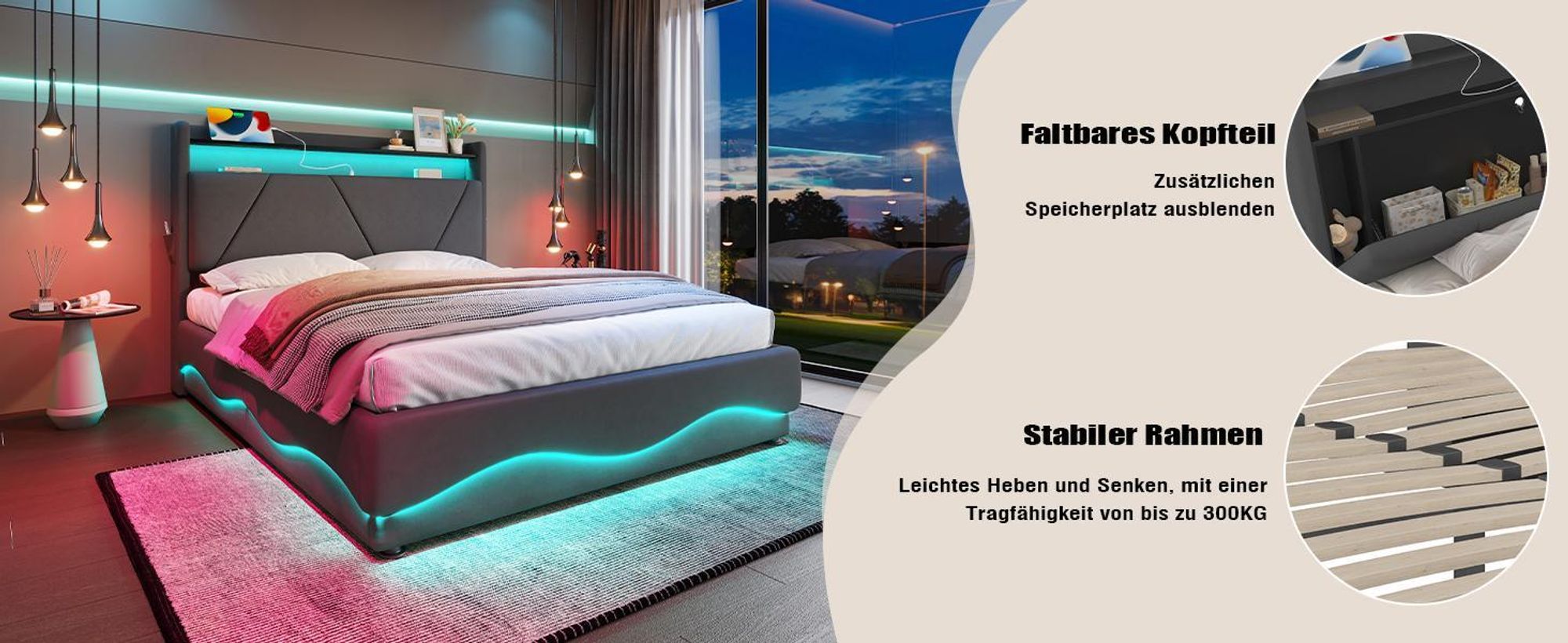 LVHOM Polsterbett 160x200cm mit LED&USB, Doppelbett mit Bettkasten, Jugendbett mit Kopfteil, Stauraumbett mit Lattenrost, Boxspringbett Beige