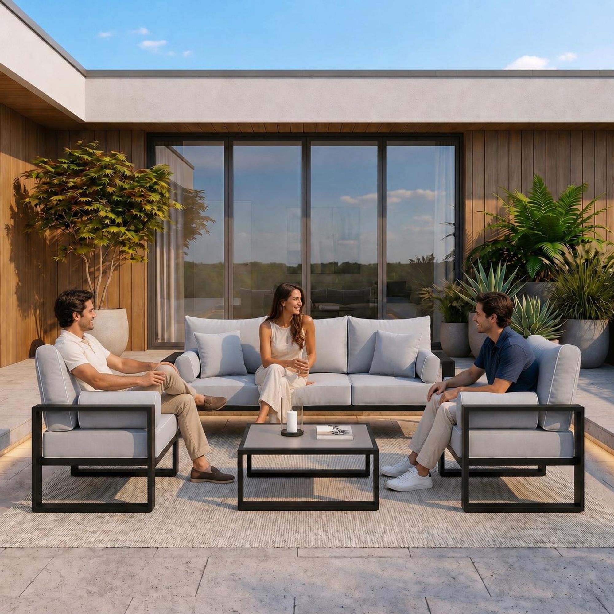 BEAUTYSOFA | VERDINO Gartensessel Grau – Gartenstuhl Lounge mit Metallrahmen, Outdoor Sessel wetterfest, Polyrattan SIMAX 03