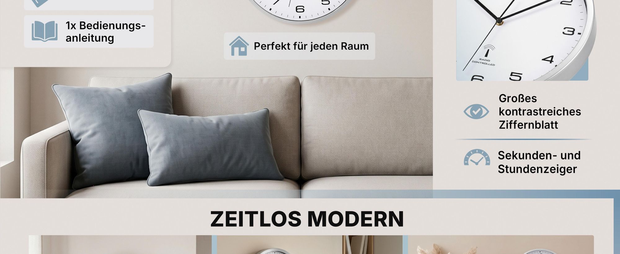 MONZANA® Wanduhr Groß Ø31cm Geräuscharm Automatische Zeitumstellung inkl. AA-Batterie Großes Ziffernblatt Weiß Quarzuhr Analog Wohnzimmer Büro Weiß