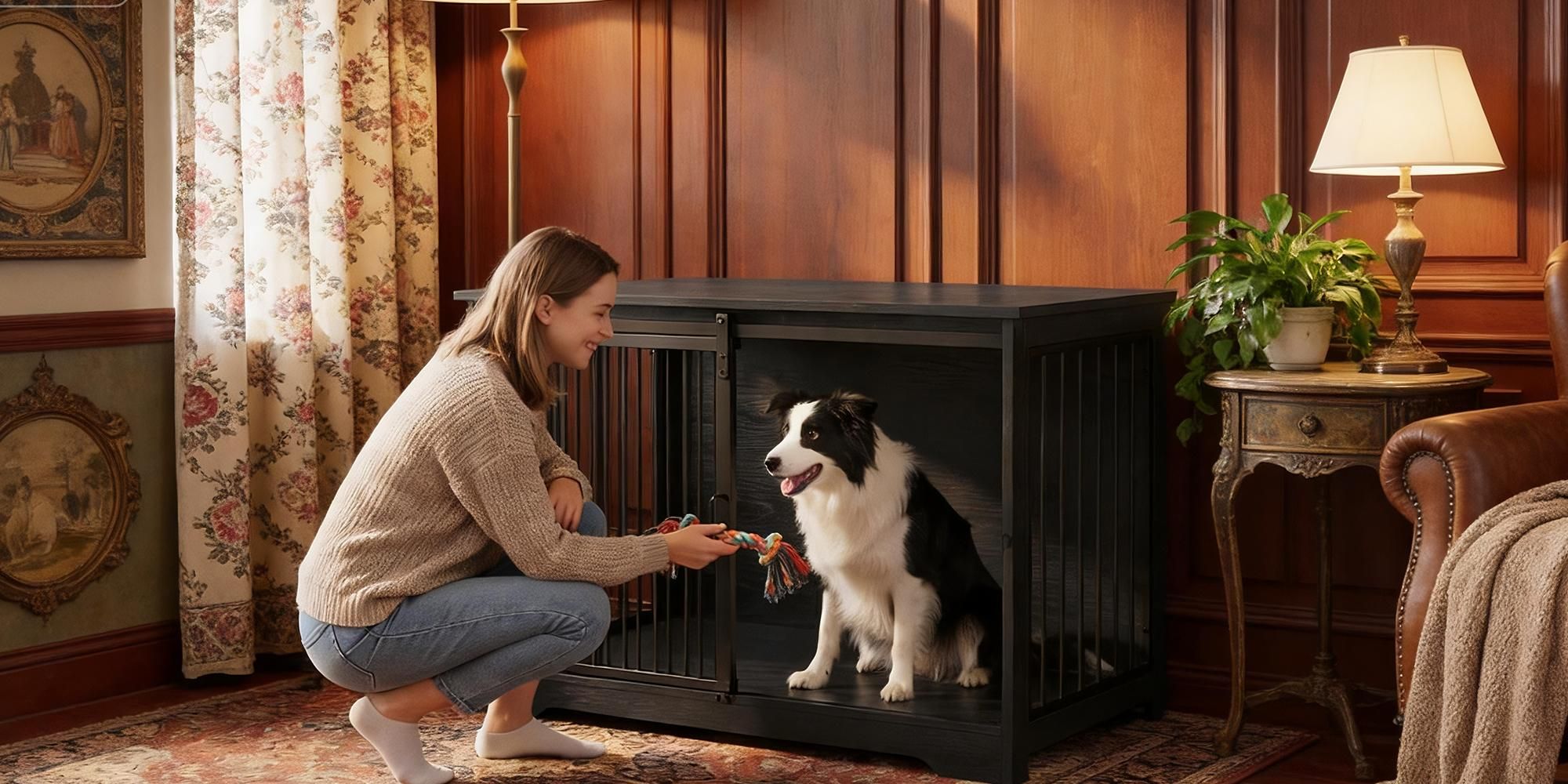 Hundekäfig Möbel, 100 cm Hundebox, 2 Türen, Schwarz | Schiebetüren, Moderne Hundebox Holz Indoor für Mittlere/Große Hunde, Hundekäfig für Zuhause