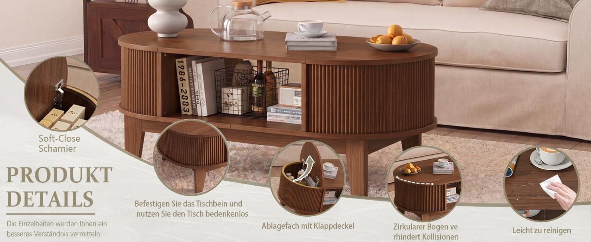 INONEFT Couchtisch mit verstecktem Stauraum, beistelltisch,wohnzimmertisch,Sofatisch mit MDF & Holzbeine, Walnuss