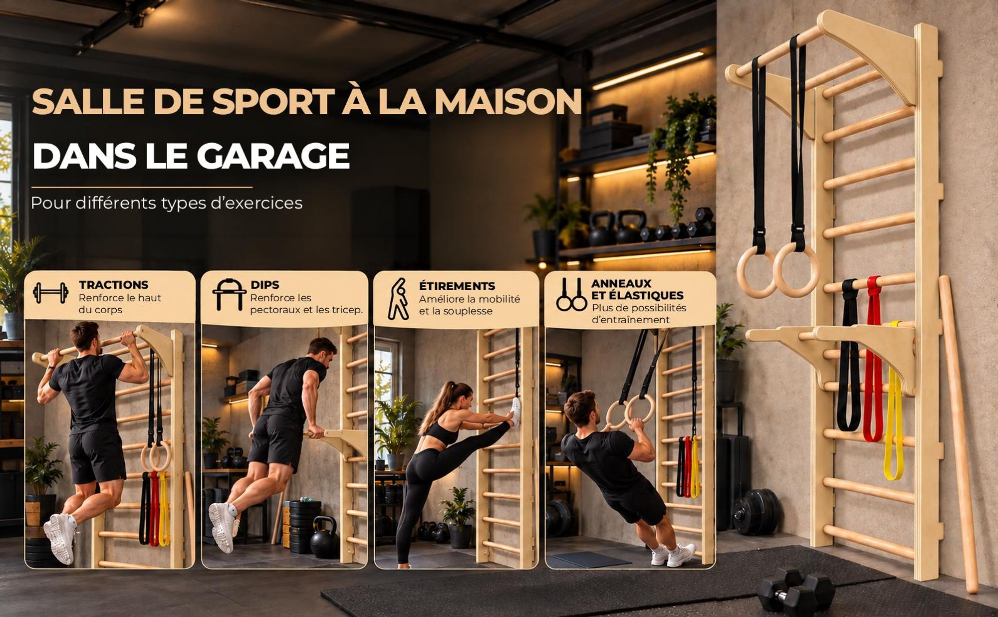 MAMOI Espalier avec barre de traction, bandes de résistance et bâton