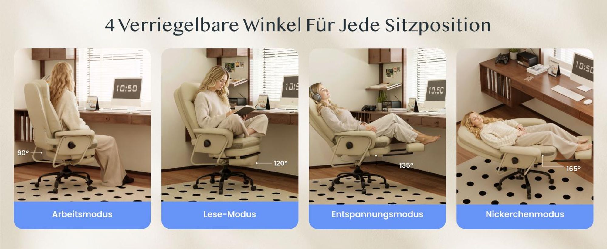 FLEXISPOT 3-in-1 Ergonomischer Bürostuhl mit 165° Liegefunktion, Ausziehbarer Fußstütze, Dickem Komfortpolster und Höhenverstellung (Beige)