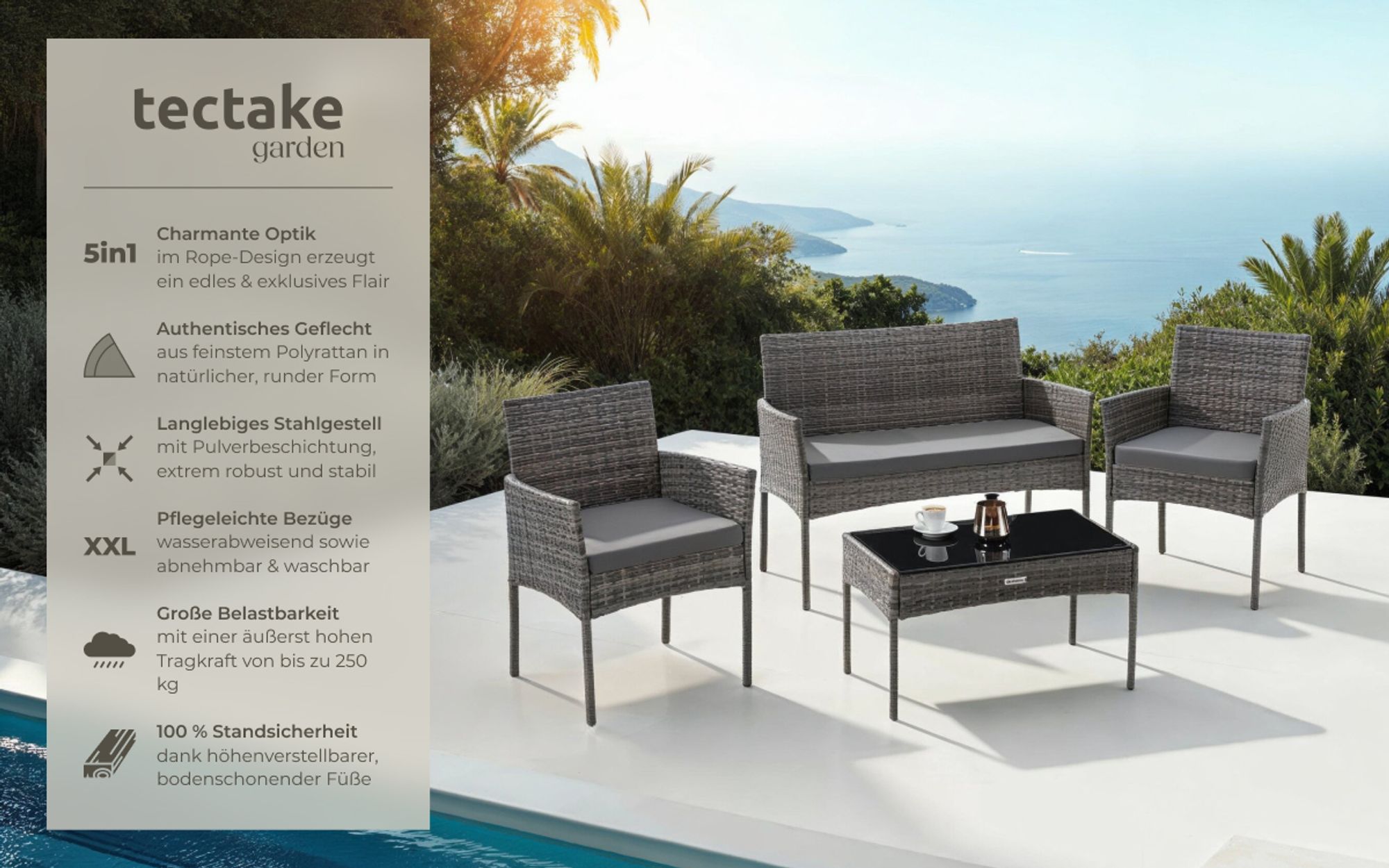 tectake® Rattan Gartenset Palese für 4 Personen