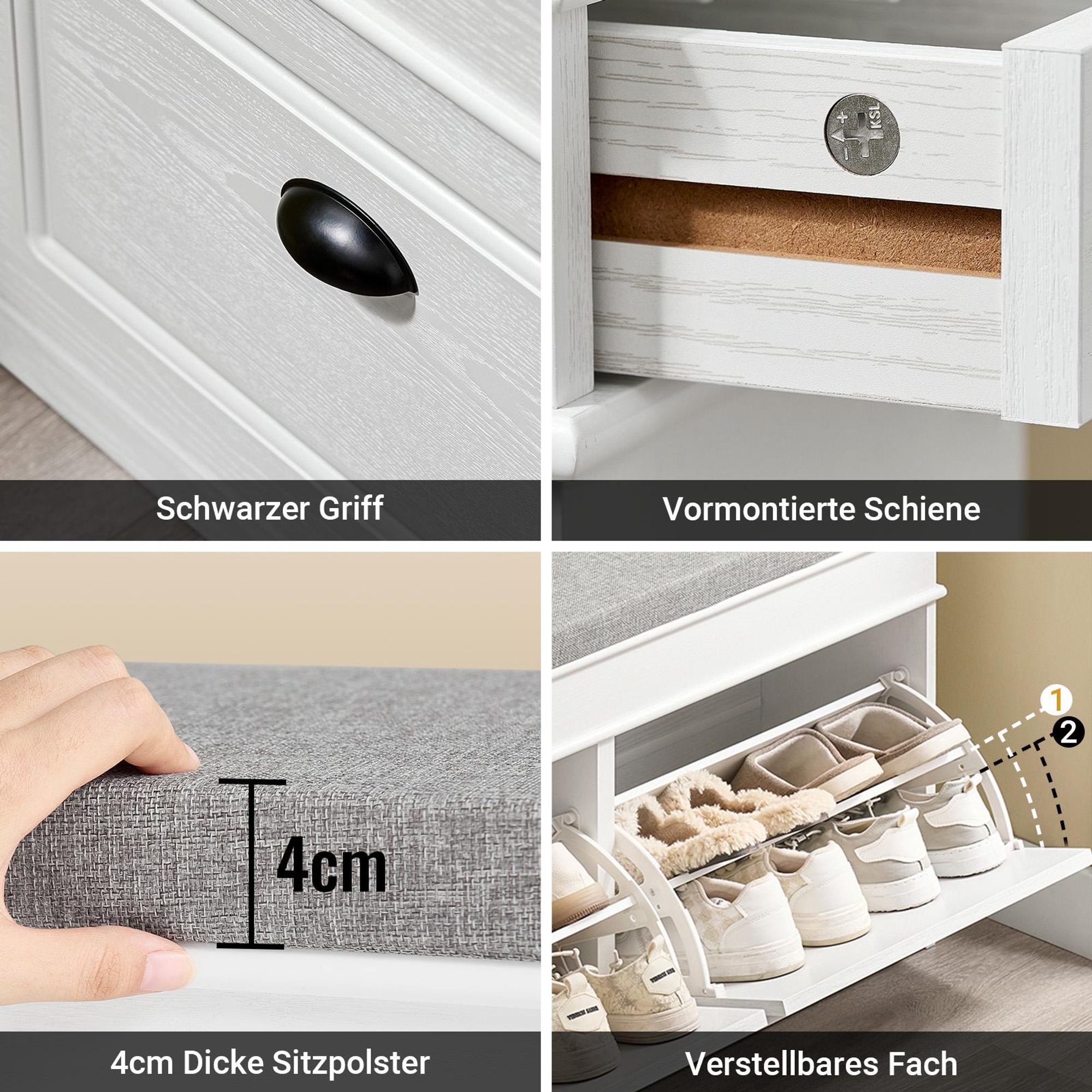SoBuy Schuhbank mit Sitzfläche und 2 Klappen schmaler Schuhschrank mit Sitzbank & Schuhregal platzsparend Schuhablage für Flur & kleine Räume FSR64-WG