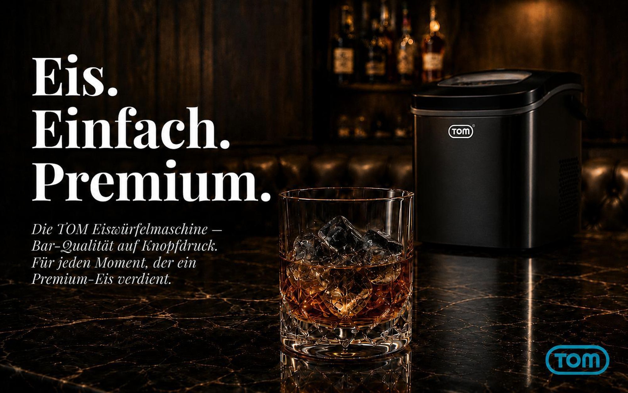 Eiswürfelmaschine Eiswürfelbereiter Schwarz 1,3 Liter mit Eiszange TOM | 12kg / 24h | 2 Größen | LED-Display | Herausnehmbarer Eiswürfelkorb