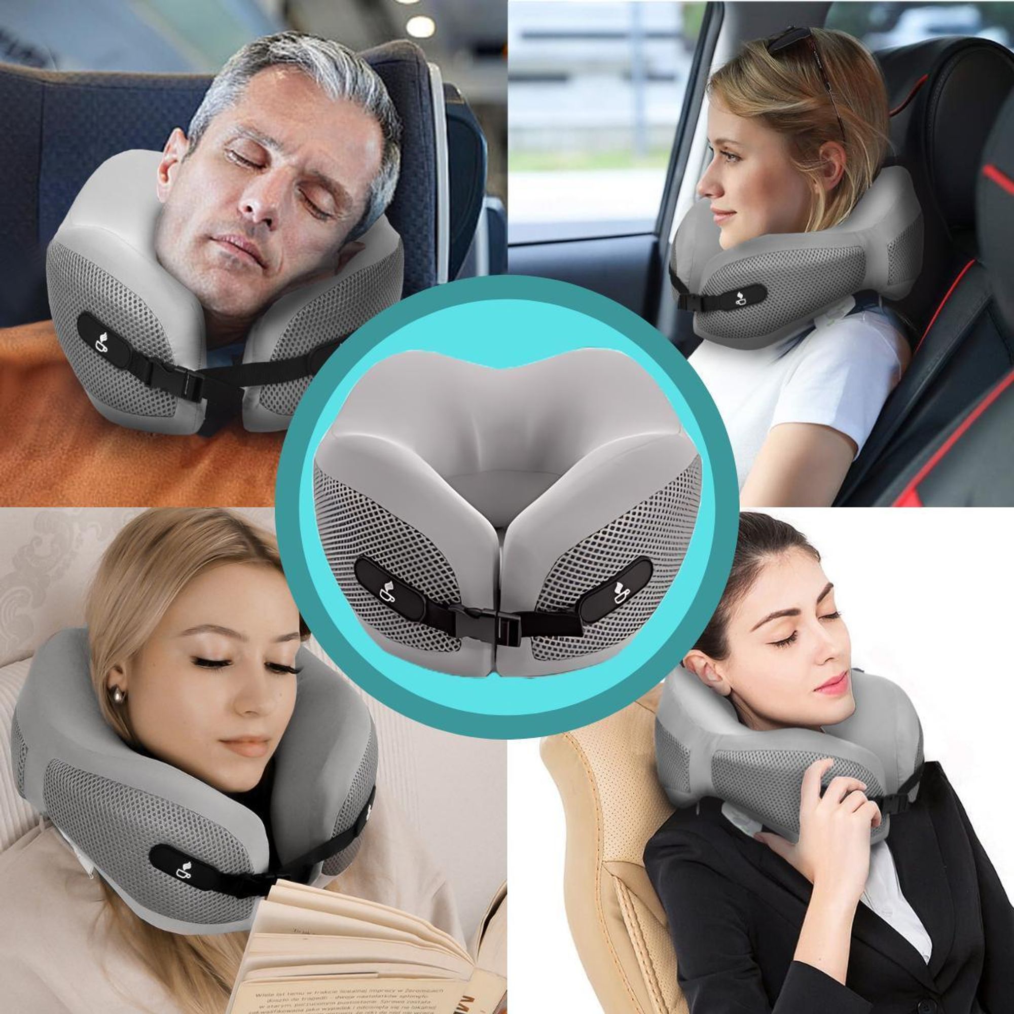 Nackenkissen aus weichem Memory Foam - Reise-Kissen für Flugzeug & Auto - Reisekissen mit praktischen Schnallenverschluss - Grau Kissen reise 25x27 cm
