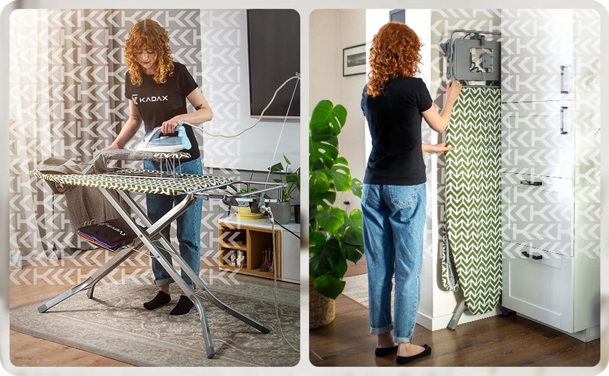 KADAX Bügelbrett mit Steckdose "Aleglo", Bügeleisenablage und Ärmelbügeltisch, 130cm, Grün