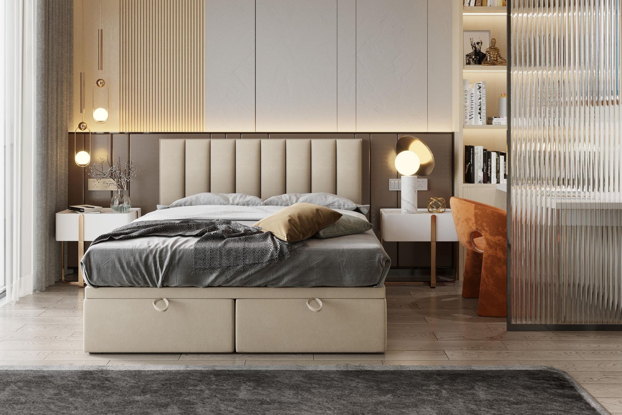 Boxspringbett Bond Beige mit Matratze in Schlafzimmer