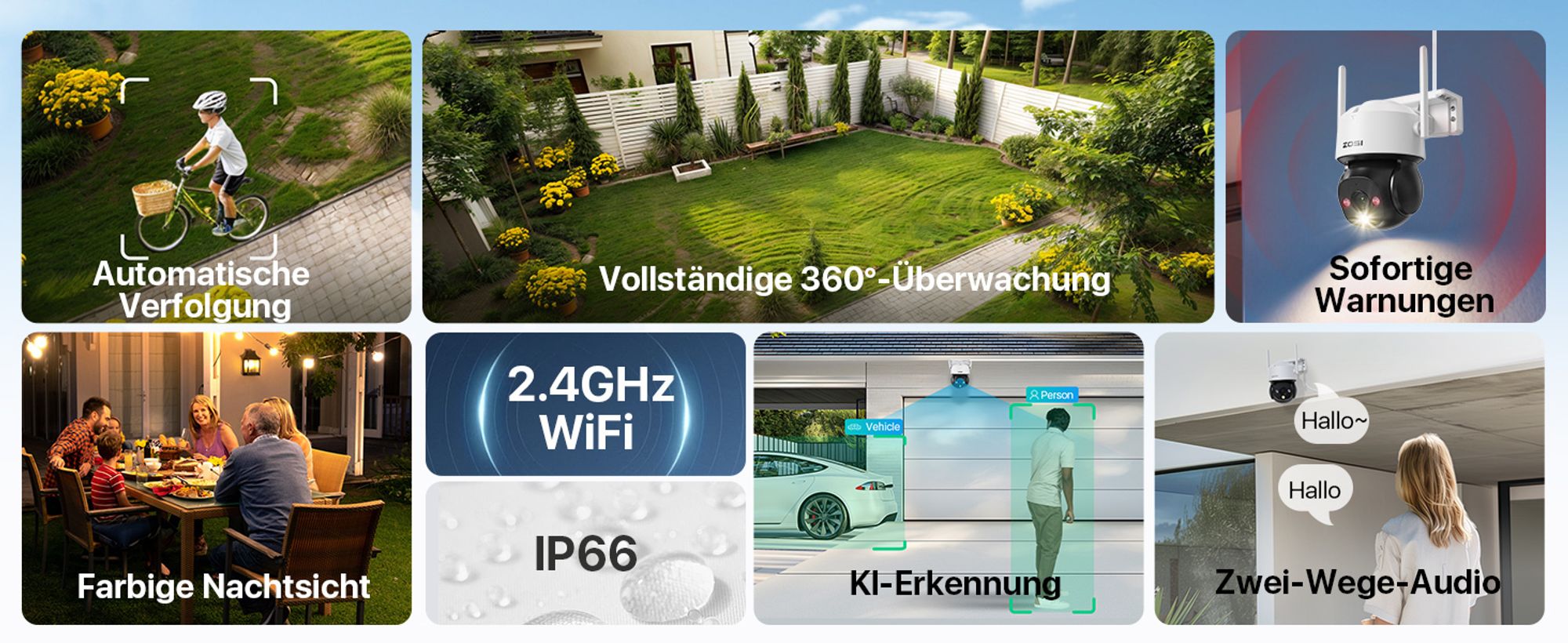 ZOSI WIFI 1080P IP NETZWERK CAMERA WLAN Überwachungskamera Aussen Plug-in Strom, 360° Pan Tilt 2MP WLAN Domekamera, AI Personen- und Fahrzeugerkennung