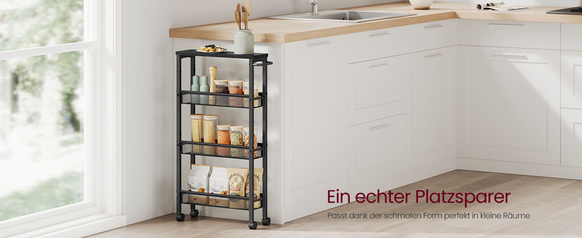 VASAGLE Rollwagen 4 Ebenen, Küchenwagen schmal, Nischenregal auf Rollen, Stahl, Griff, für kleine Räume, 13 x 45,4 x 77 cm, Ebenholzschwarz-schwarz