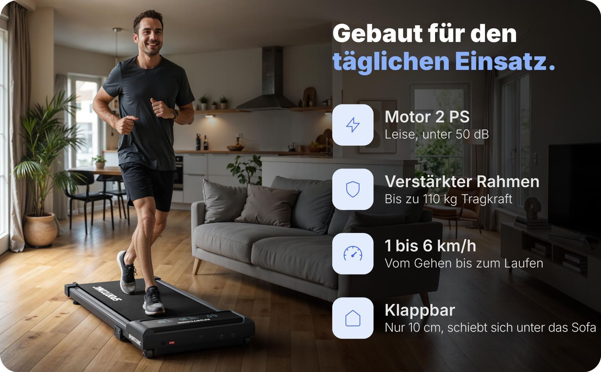 Sportconic Walking Pad Laufband für Zuhause & Büro – leise, mit 6 % Steigung, platzsparend, LED-Display