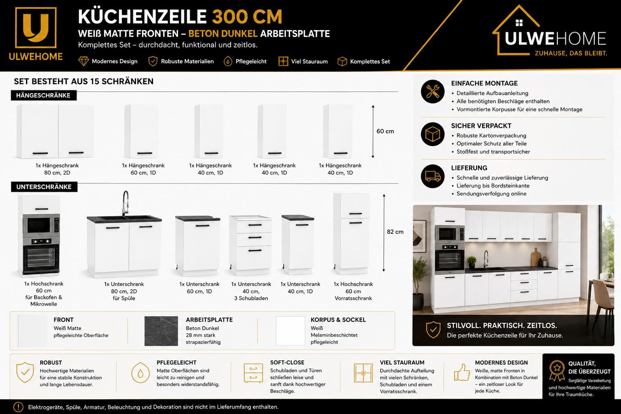 Moderne Küchenzeile 300 cm Weiß Matt: Viel Stauraum & Beton-Arbeitsplatte