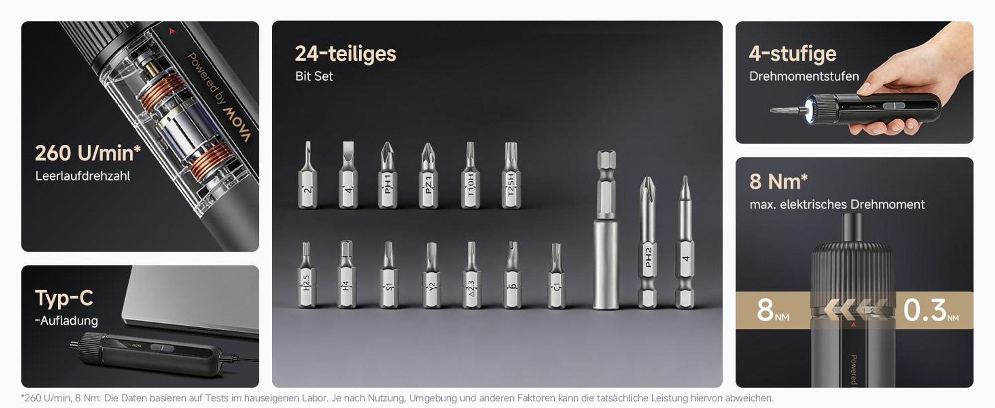 MOVA MSD008 4V Elektrischer Schraubendreher, 4 Drehmomentstufen, LED-Beleuchtung, Quick-Lock-Magnetbits, 24 S2 Bits Set