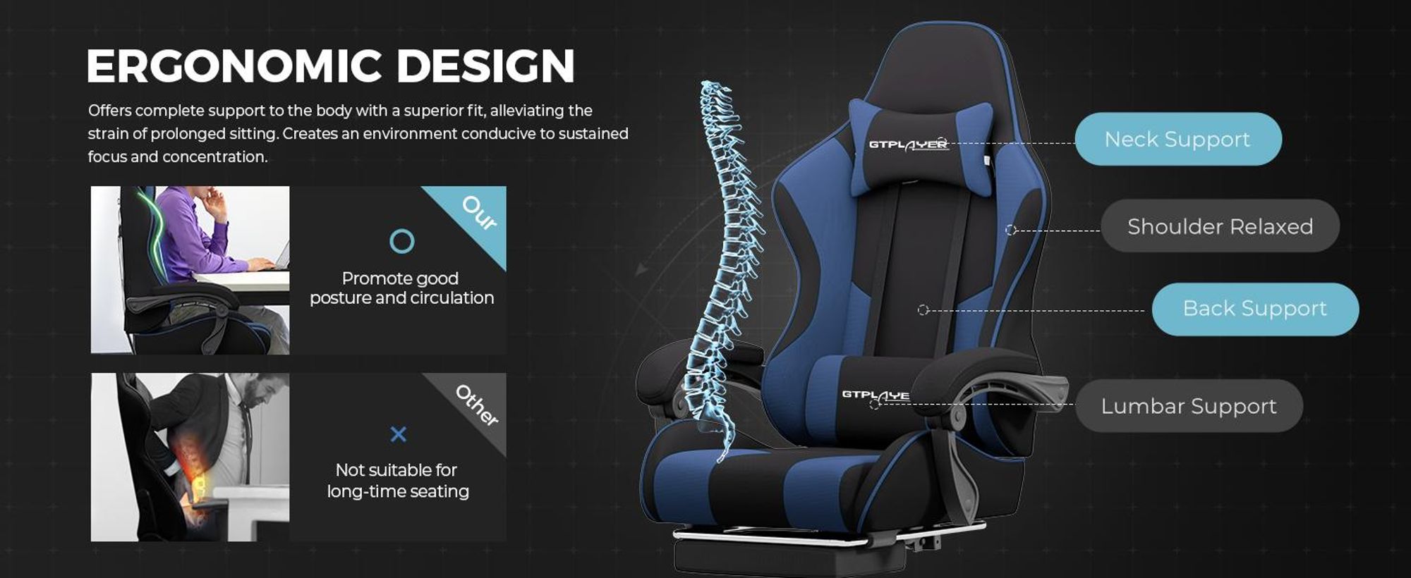 GTPLAYER Fotel biurowy Fotel do gier Fotel do gier z tkaniny Ergonomiczny fotel do gier z podnóżkiem, zagłówkiem i poduszką lędźwiową, wyściełany fotel do gier, NIEBIESKI