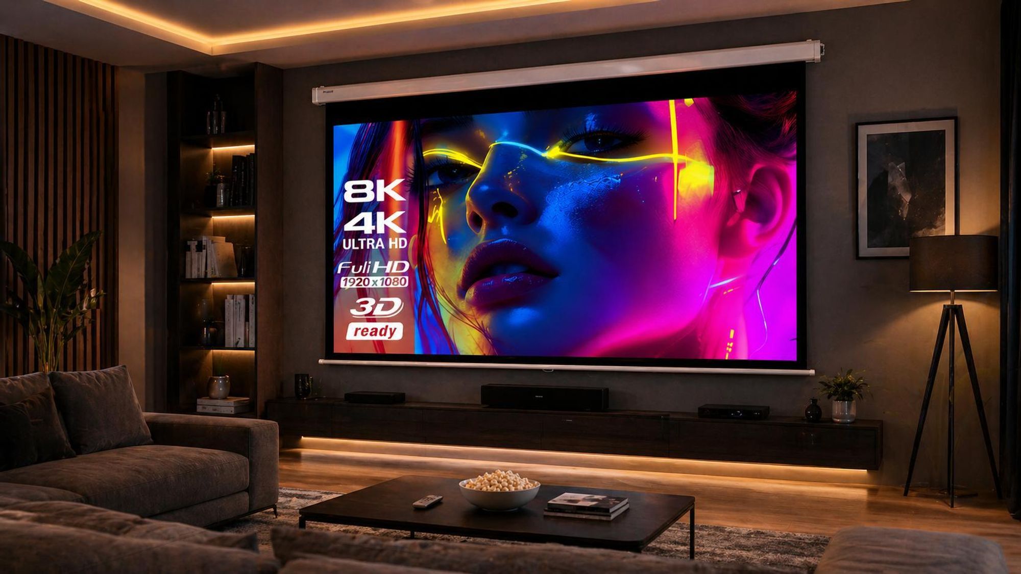 Rolloleinwand in einem modern Wohnzimmer mit TV-Wand, warmem Licht, Sofa, Couchtisch