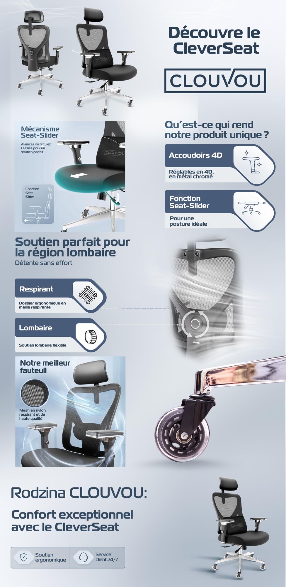 CLOUVOU CleverSeat chaise de bureau, ergonomique, fauteuil de direction pour bureau, 4D accoudoir en métal chromé, Blade Wheels, Ergonomic Chair