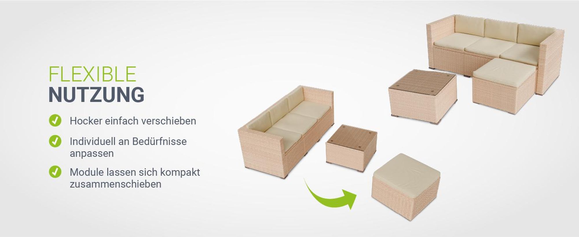 Juskys Polyrattan Lounge Punta Cana M schwarz – Gartenlounge Set für 3-4 Personen – Sitzgruppe mit Sofa, Tisch & Hocker - Sitzbezüge in Creme