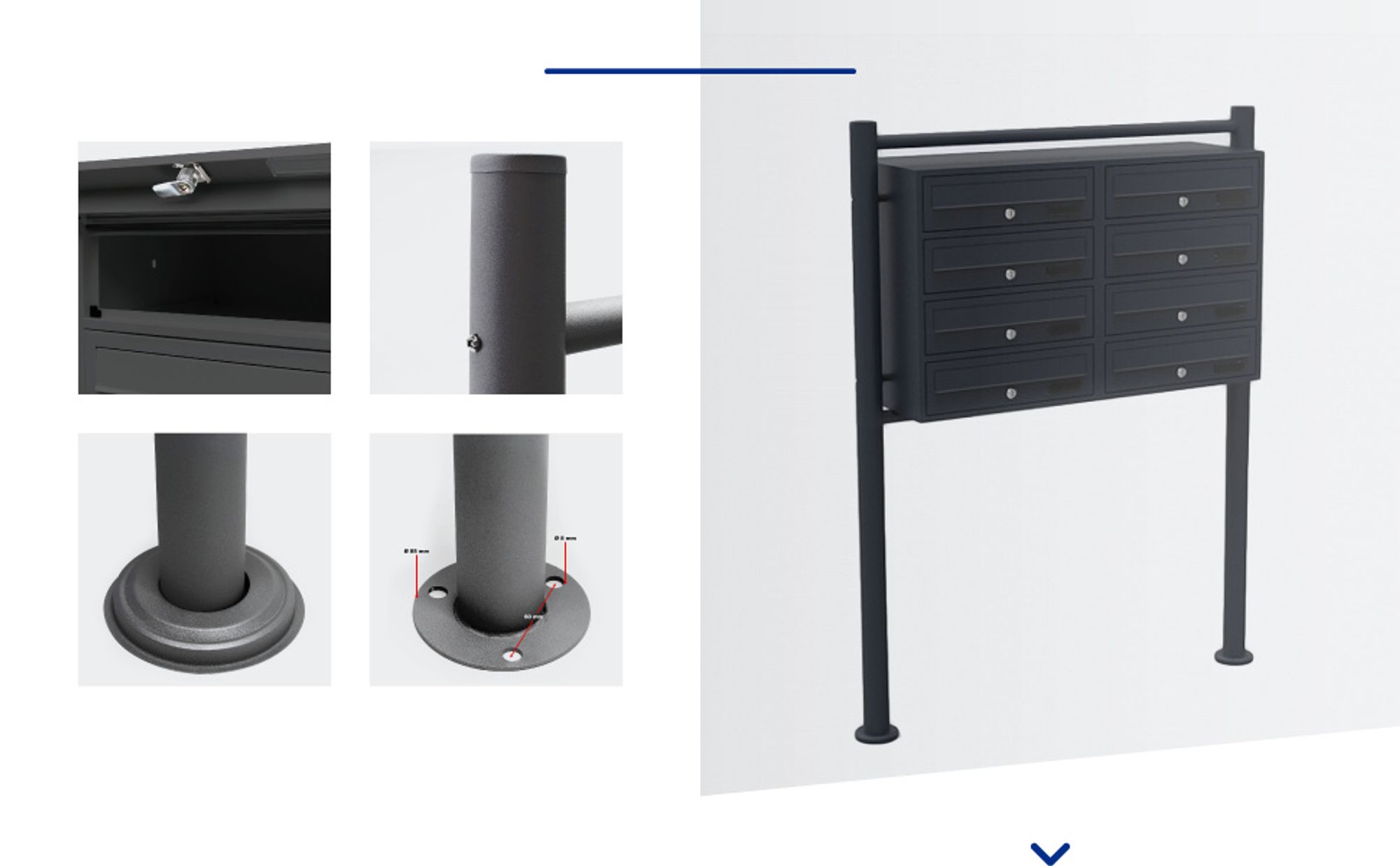 Wiltec 8er Briefkastenanlage schwarz 945 x 270 x 1500 mm, Standbriefkasten mit 2x4 Fächern, Schlüssel und Namensschild, Briefkasten Postkasten mit Ständer