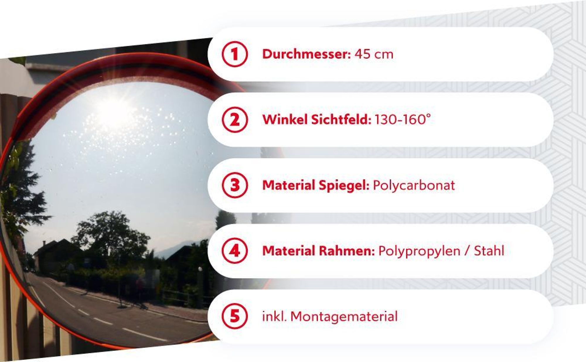 Wiltec Verkehrsspiegel 30 cm konvex, runder Sicherheitsspiegel mit 160° Sichtfeld, Konvexspiegel aus Polycarbonat, Überwachungsspiegel für Ausfahrten inkl. Montagematerial