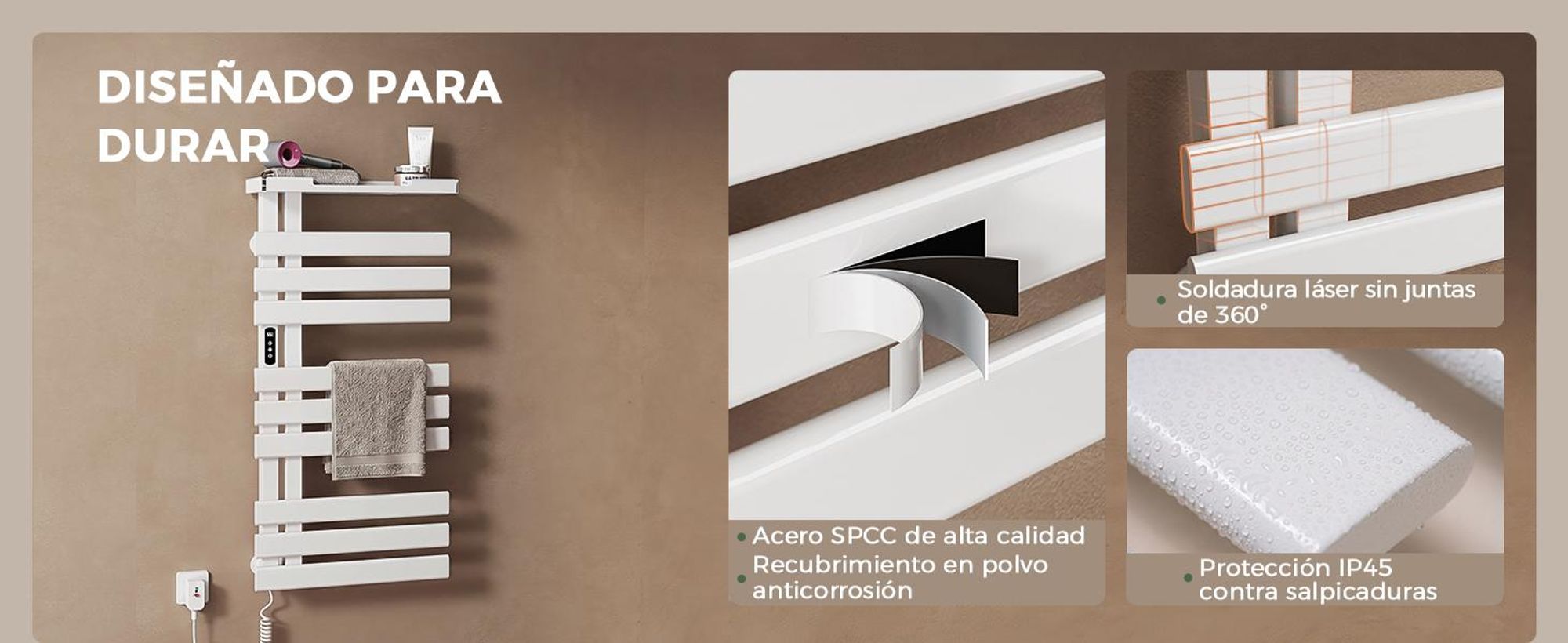 S'AFIELINA Toallero Eléctrico con Balda WiFi 1050×500 mm 335 W Blanco,Radiador Toallero con App, Calefacción de Fibra de Carbono, 6 Modos