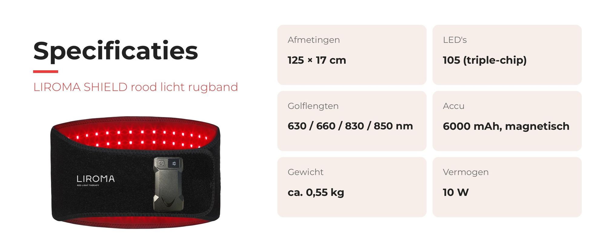 Specificaties van de LIROMA SHIELD rood licht rugband: 125 × 17 cm, 630–850 nm