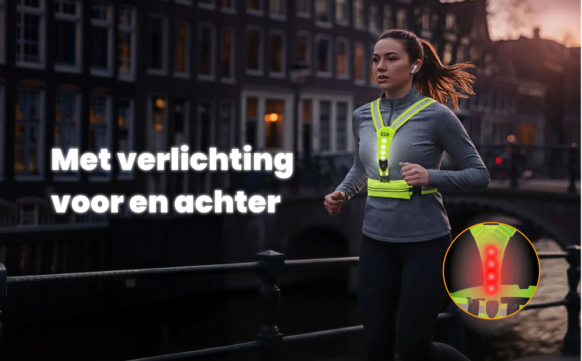 R2B Hardloopvest met Verlichting & Opbergvak – USB-C Oplaadbaar – Grijs