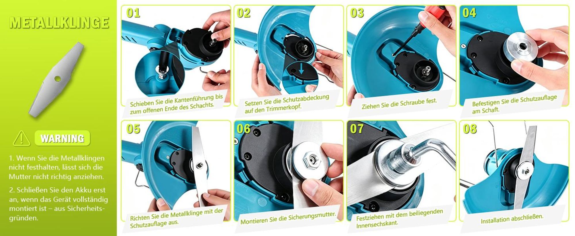 Akku Rasentrimmer 750W mit 2× 4000mAh Akkus 21V, 4 in 1 Bürstenloser Motor Rasentrimmer mit Unkrautbürste, Freischneider mit Messer und Ladegerät