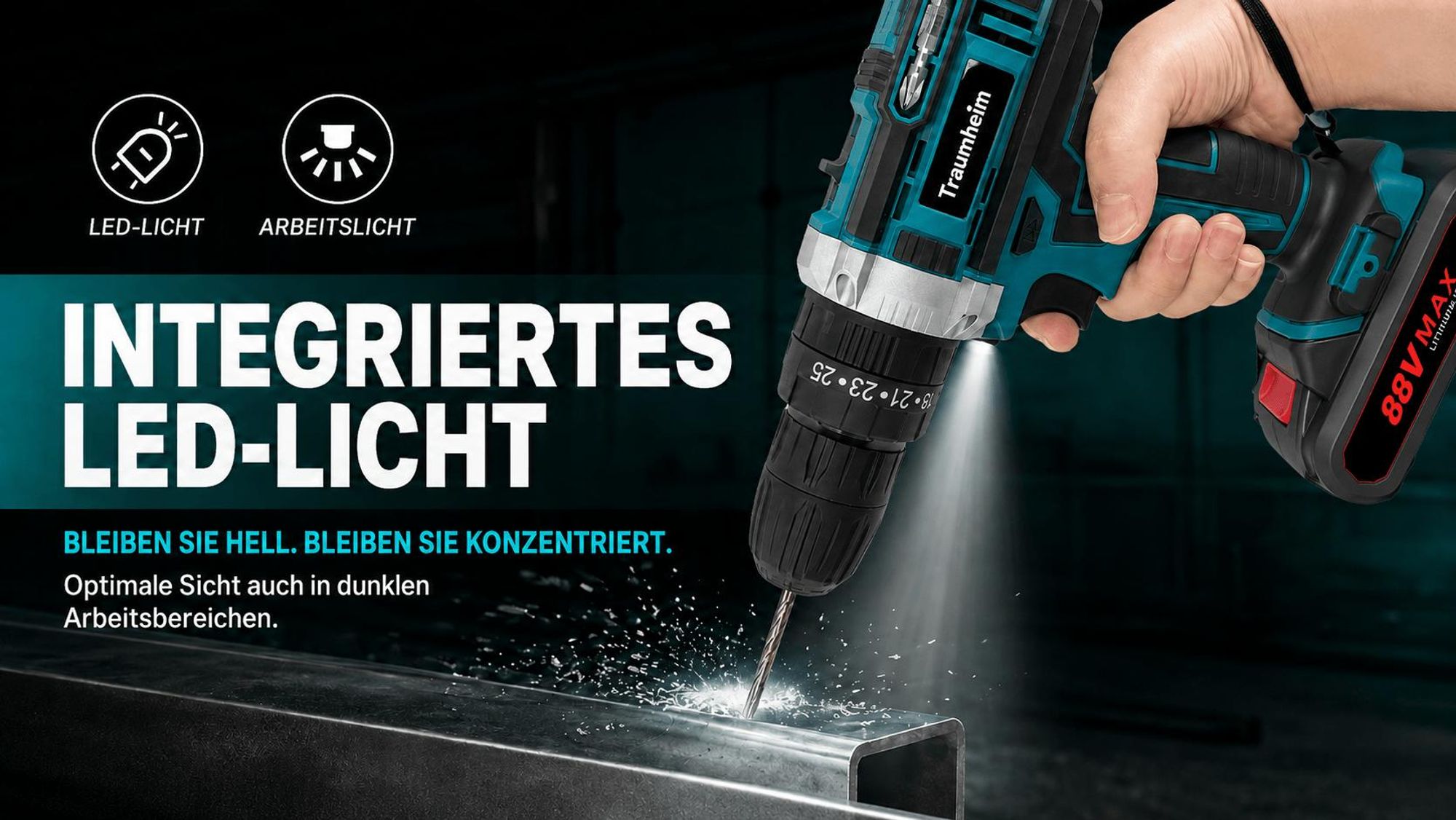 21V Akkuschrauber mit 2 Akkus 1500mAh & Ladegerät, Akku-Bohrschrauber 2-Gang, 3-in-1 Arbeitsmodus, 28 Zubehörteile für Haus, Garten & Renovierung