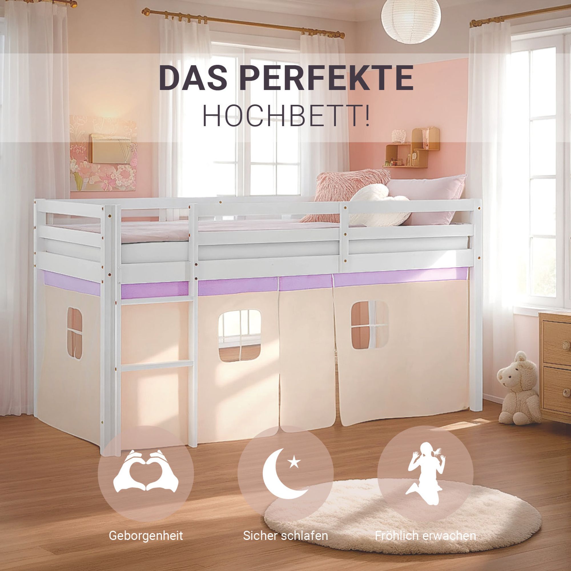 modernes Hochbett mit einfacher Montage und abgerundeten Ecken