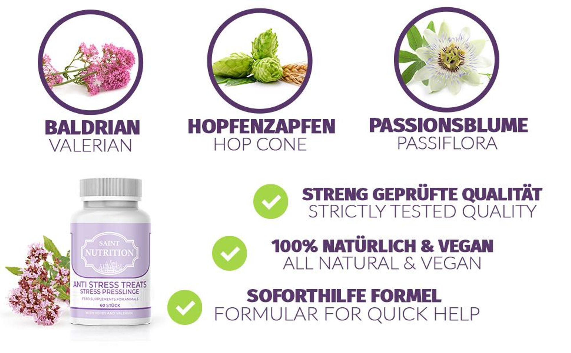 Saint Nutrition® Anti Stress Presslinge - für Hunde & Katzen - Angststörung - gegen Angst und innere Unruhe - Beruhigungsmittel- Stress Hund