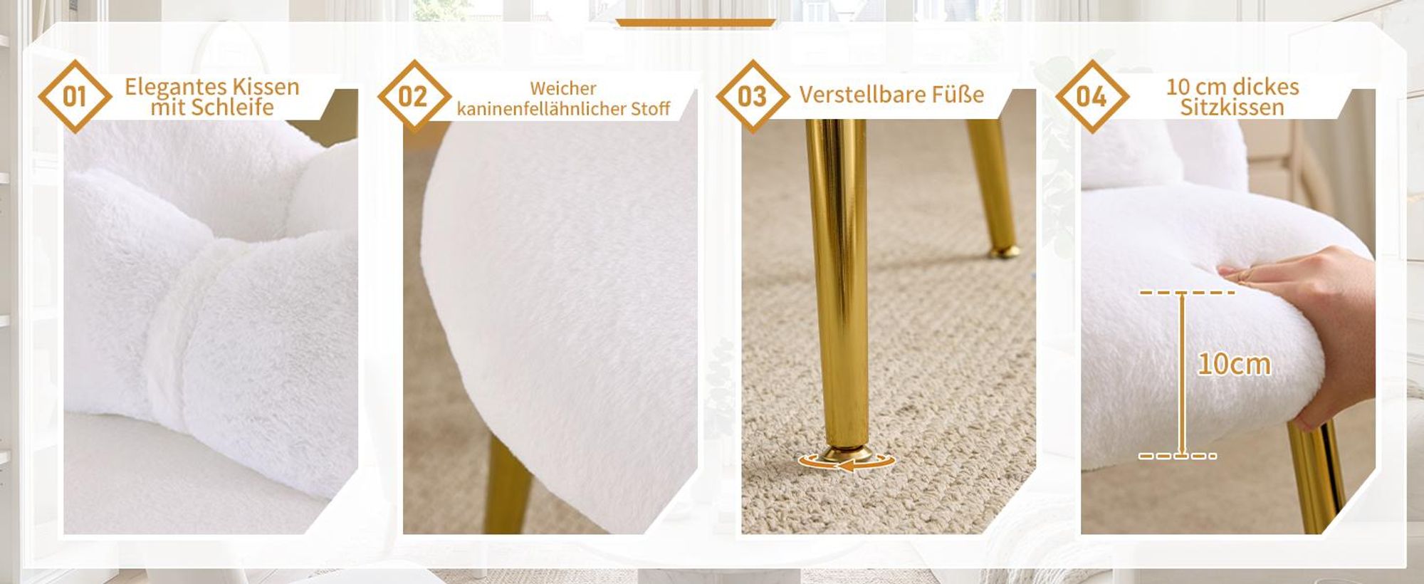 FCH Schminkhocker, Schreibtischhocker, Bow Shape Rücken Dressing Stuhl, Esszimmerstühle, Sitzhocker Polsterhocker, 53×49.50×78cm, Weiß