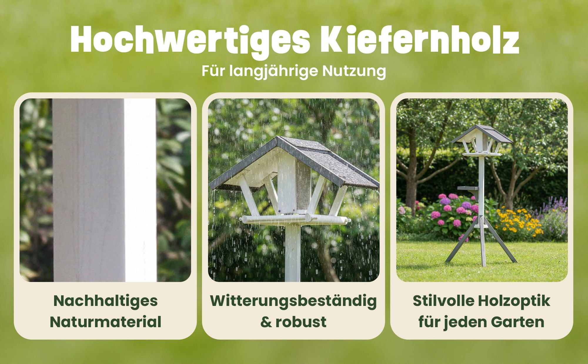 Vogelhaus mit Ständer zooprinz Bird Tower | Massivholz Kiefer | 120 cm Höhe | Futtersilo & Bitumendach | Wetterfest Weiß-Grau
