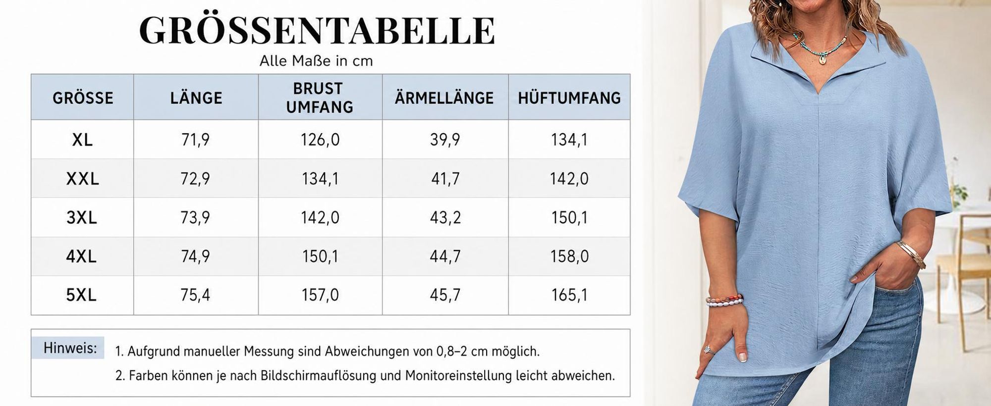 T-Shirt mit V-Ausschnitt, geeignet für Damen mit Übergröße, lockere Passform