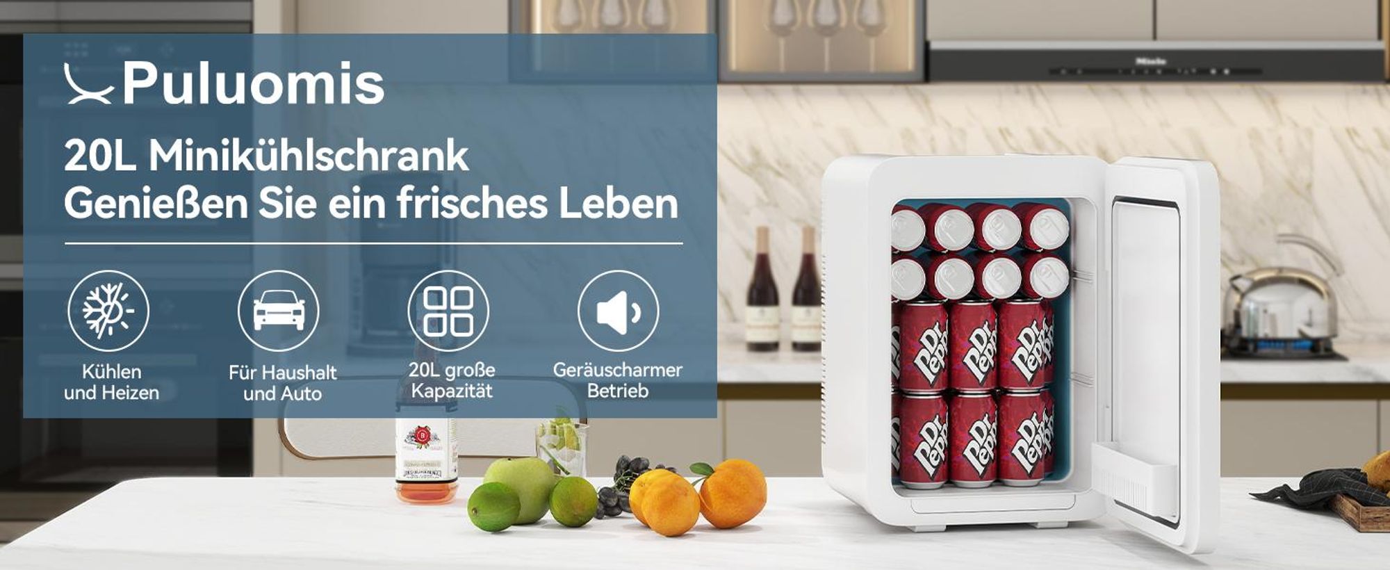 Puluomis Mini Kühlschrank 20L, 2 in 1 Warm- und Kühlbox tragbar Ultra-Leiser Auto Kühlbox (<30dB) 12V/220V /230V AC/DC für Getränkedosen, Snacks weiß