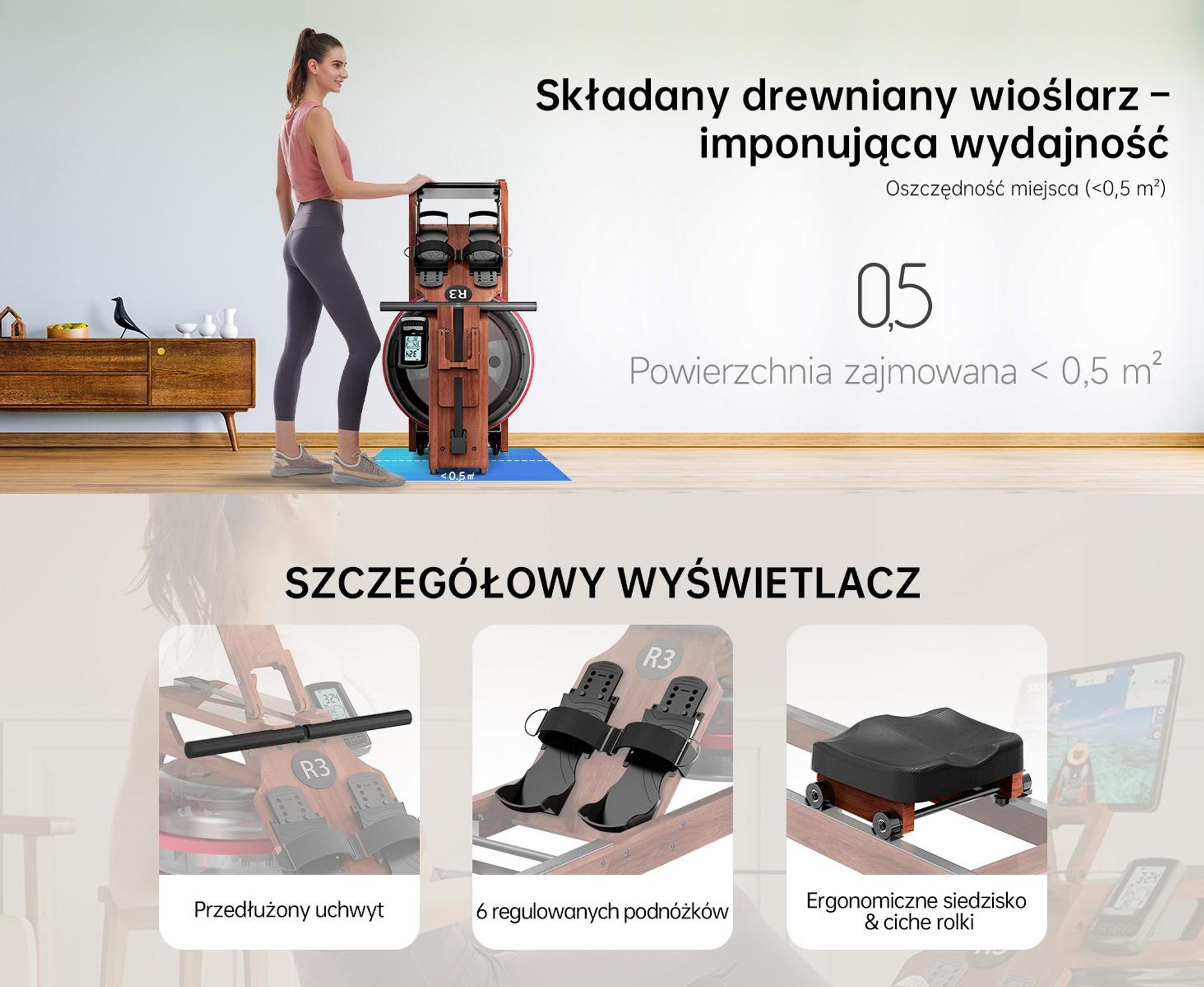 Składany wioślarz JASPORT R3 z wyświetlaczem LCD z funkcją Bluetooth, kompatybilny z Kinomap, 28-litrowy zbiornik na wodę, udźwig do 150 kg