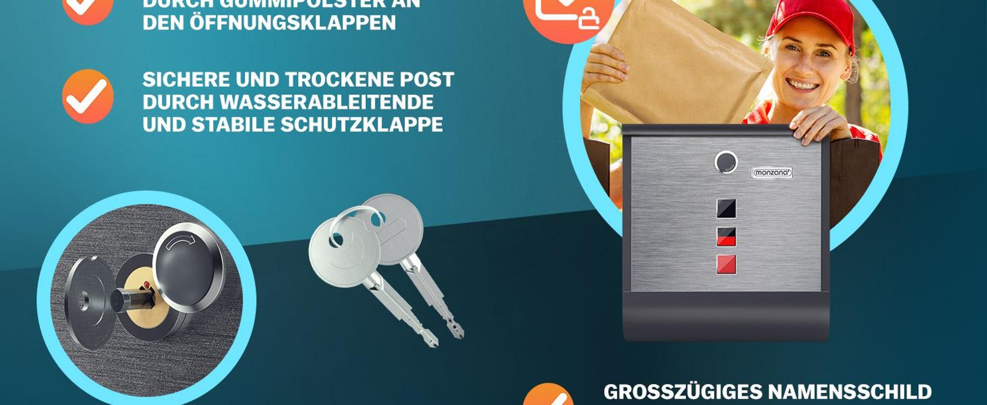 MONZANA® Briefkasten Kreuzschloss mit Kupfer-Schließzylinder drehbare Abdeckung 31x10x34 cm Sichtfenster Namensschild Zeitungsfach legierter Stahl 2 Schlüssel Postkasten Schwarz-Silber