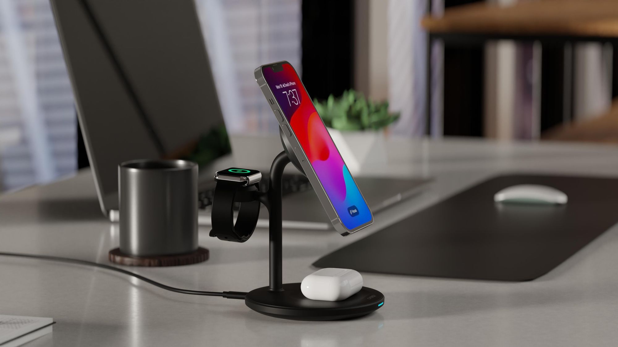 CHEROY PowerTrio 3-in-1 Draadloze Oplader - 15W Qi Oplaadstation - Geschikt voor MagSafe iPhone, Apple Watch, AirPods - Zwart