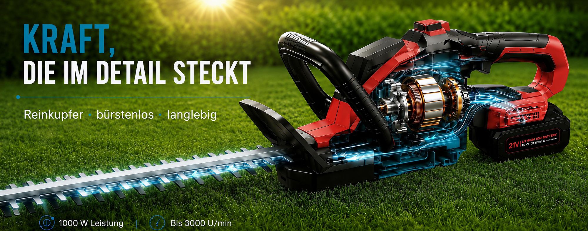 Akku Heckenschere, 21" Klingen Heckenschere mit 2 × 4000mAh Akkus, 3000RPM, bürstenloser motor,180° drehbarer Kopf,Doppelter Sicherheitsschalter,Rot