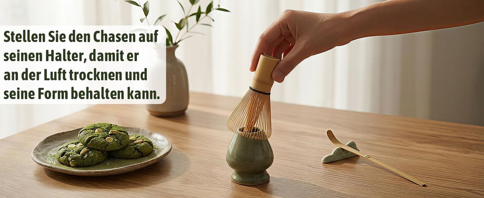 VONATES Matcha Set 9-tlg. mit Matcha-Schale, Bambus-Besener & Halter, Sieb, Löffel, Tuch, Eisform - Starter-Kit für Teezeremonie & Geschenk, Grün