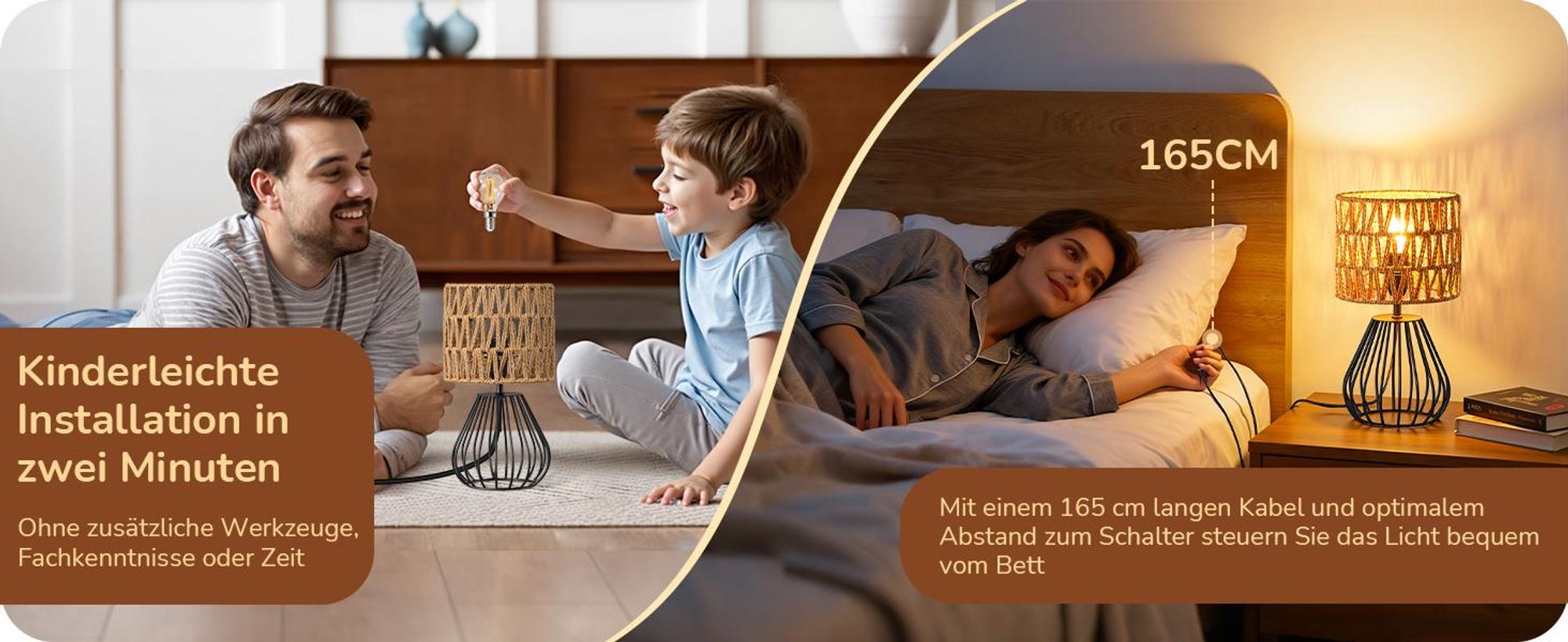 EDISHINE Tischlampe Wohnzimmer, Nachttischlampe Vintage inkl. 4W LED-Leuchtmittel, für Schlafzimmer, 29 cm, Schwarz